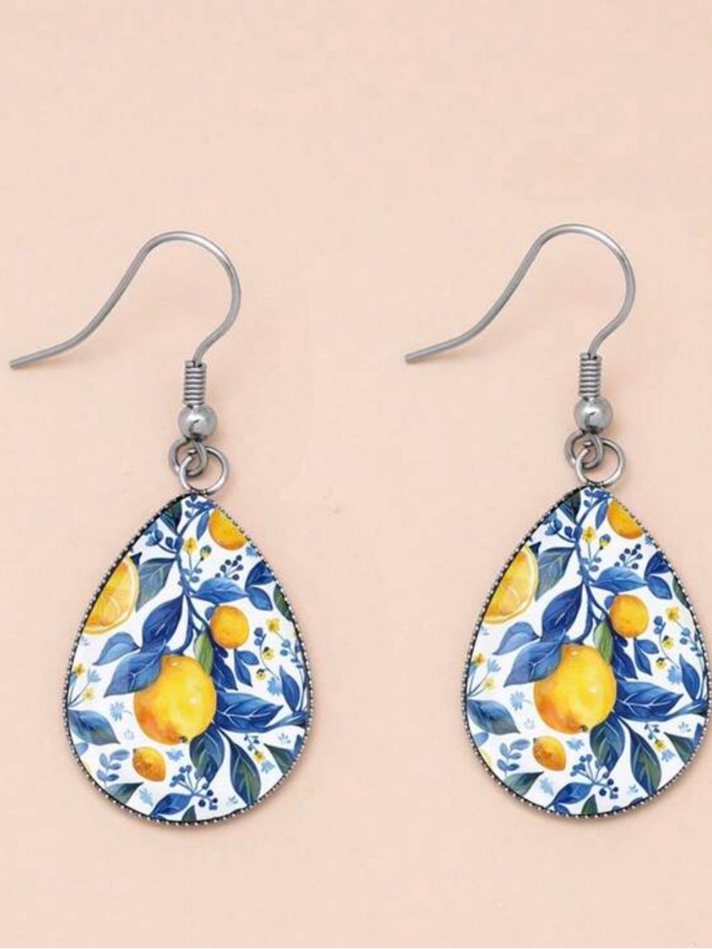 Italian Lemon Print Teardrop Dangle Earrings | Blue & White Mediterranean